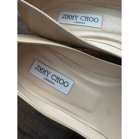 Jimmy Choo Romy Patent Leather Pointed Toe Kitten Heel Pumps in Nude - Picture 9 of 14